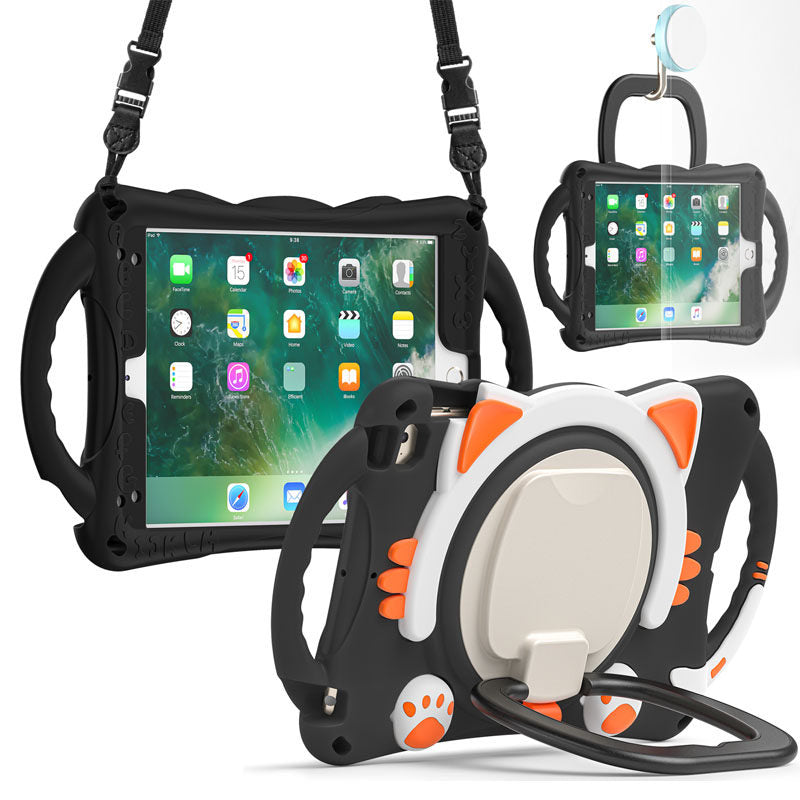 CatB Silicone Case For iPad Mini 5 4 3 2 1 Shockproof Shoulder Strap Handle Stand-Black Orange