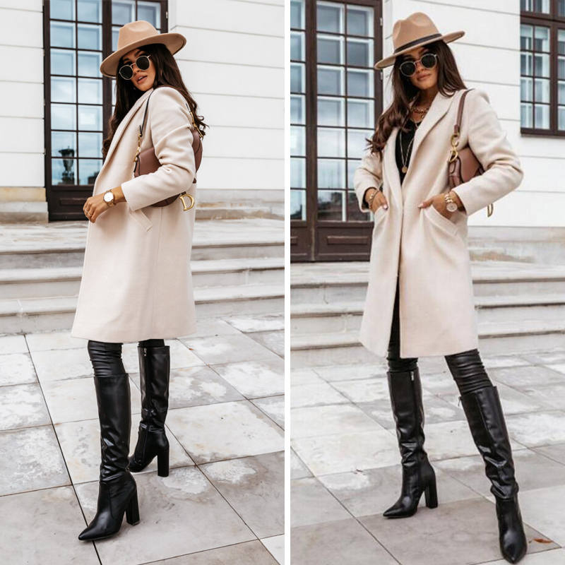 Elegant Womens Coat Lapel Solid Button Down Warm Long Outwear-White