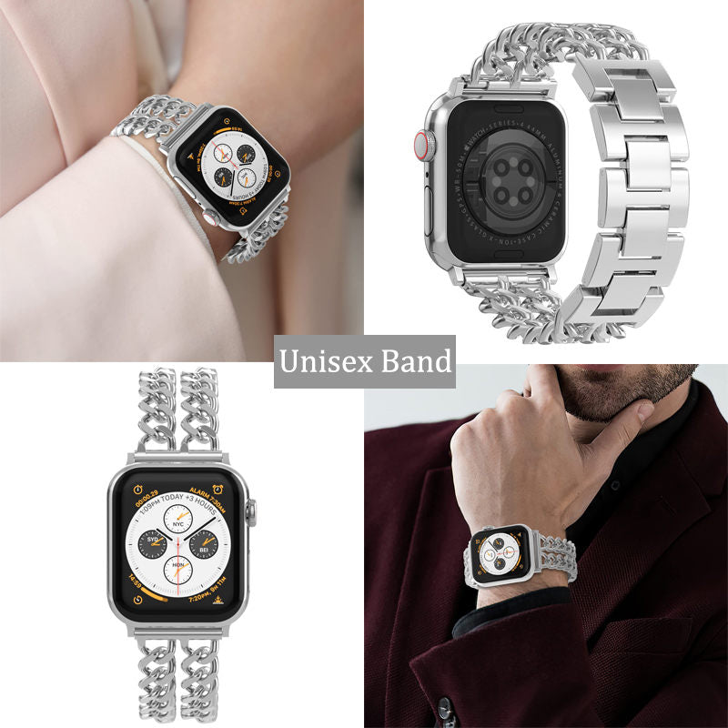 Metal Watch Band Double Chain Alloy Trendy Design for Apple Watch-Silver