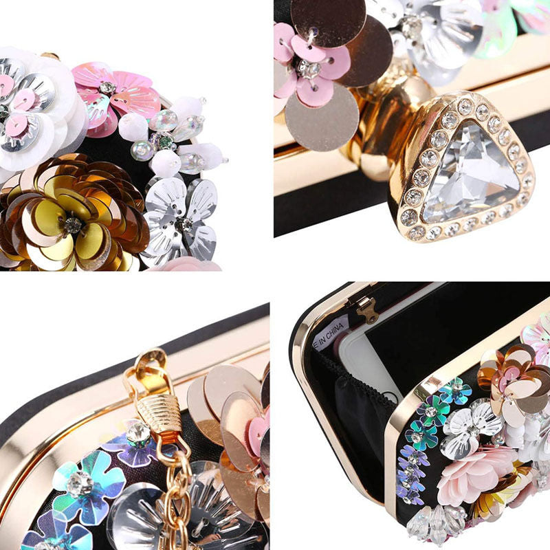 Colorful Floral Clutch Evening Bags for Women Beaded Purse Prom Handbag-Black