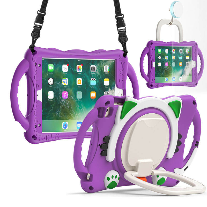 CatB Silicone Case For iPad Mini 5 4 3 2 1 Shockproof Shoulder Strap Handle Stand-Purple