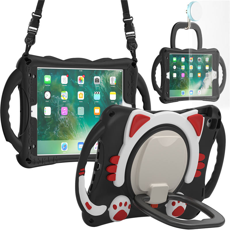 CatB Silicone Case For iPad Pro 9.7 inch Air1/2 Shockproof Shoulder Strap Handle Stand-Black Red