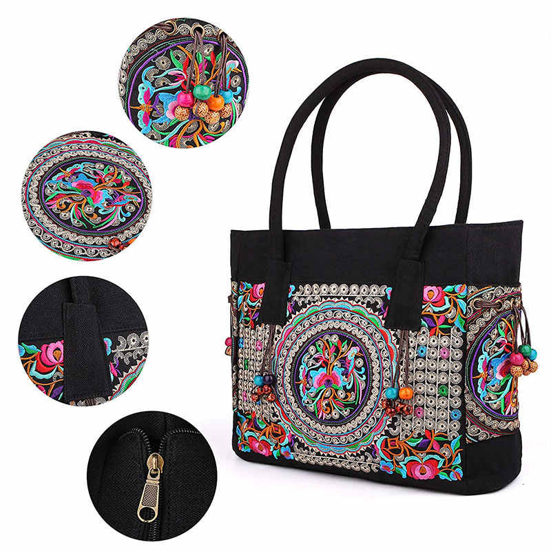 Embroidered Canvas Top Handle Handbag Ladies Casual Vintage Shoulder Bag-A