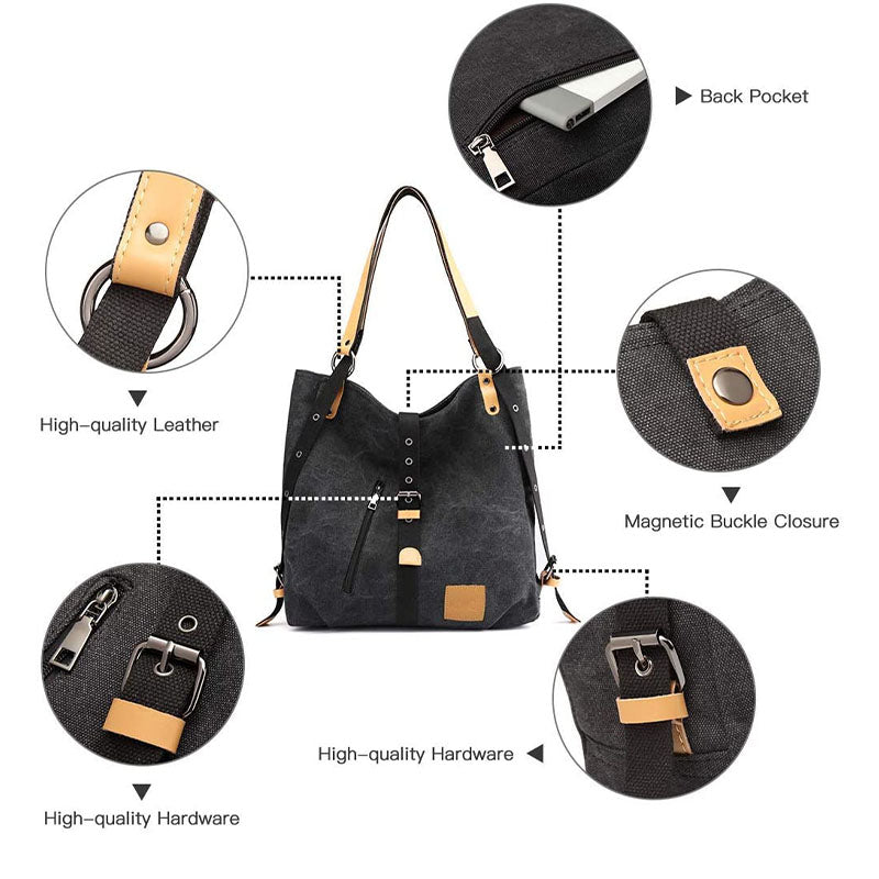 Women Canvas Bag Casual Backpack Vintage Shoulder Bag-Black