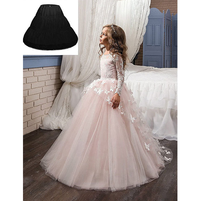 Girls 3 Hoops Petticoat Full Slip Flower Girl Crinoline Skirt Ball Gowns-Black