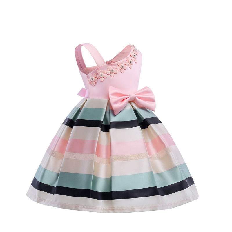 3-9T Girls Kids Single Shoulder Striped Floral Ruffles Flower Dress Ball Gown-Pink