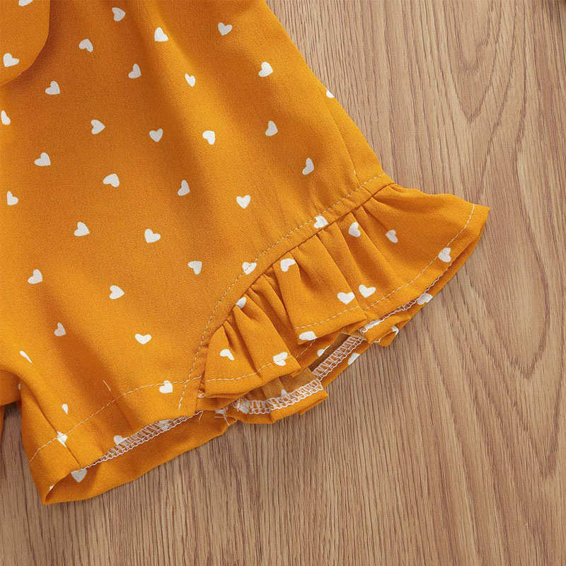 Baby Girl Clothes Self Tie Sleeveless Romper Heart Shape Print Jumpsuit-Yellow