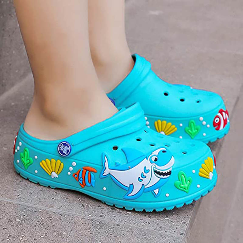 Girls Boys Lightweight Cartoon Shark Non-slip Sandals Beach Pool Shower Slippers-Blue