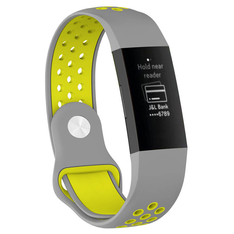Double Color Porous Breathable Watch Band Silicone Wristband For Fitbit Charge 3 Sport Smartwatch -Gray Yellow