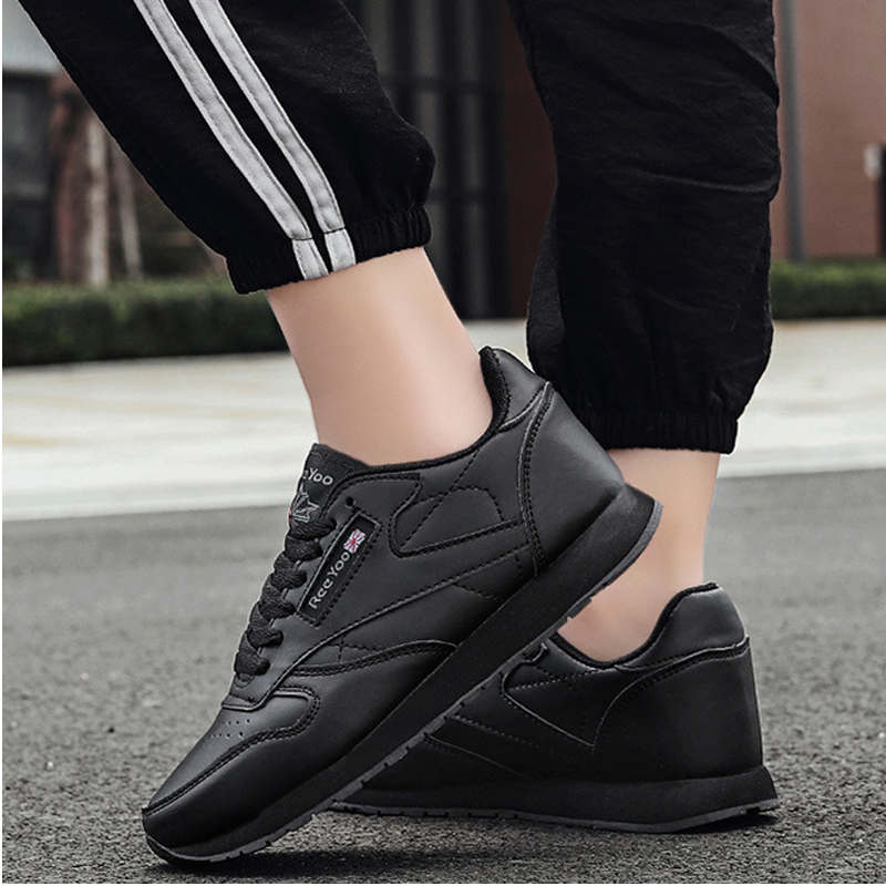 Couples Leather Sneakers Lace up Lightweight Cushioned Sport Shoes-Black