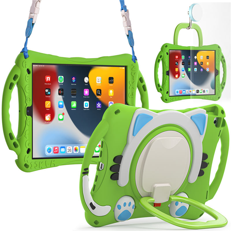 CatB Silicone Case For iPad 10.2 Air10.5 Pro10.5 Shockproof Shoulder Strap Handle Stand-Green