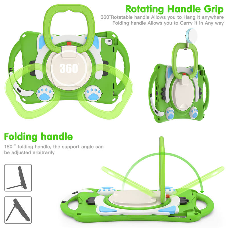 CatB Silicone Case For iPad Pro 9.7 inch Air1/2 Shockproof Shoulder Strap Handle Stand-Green