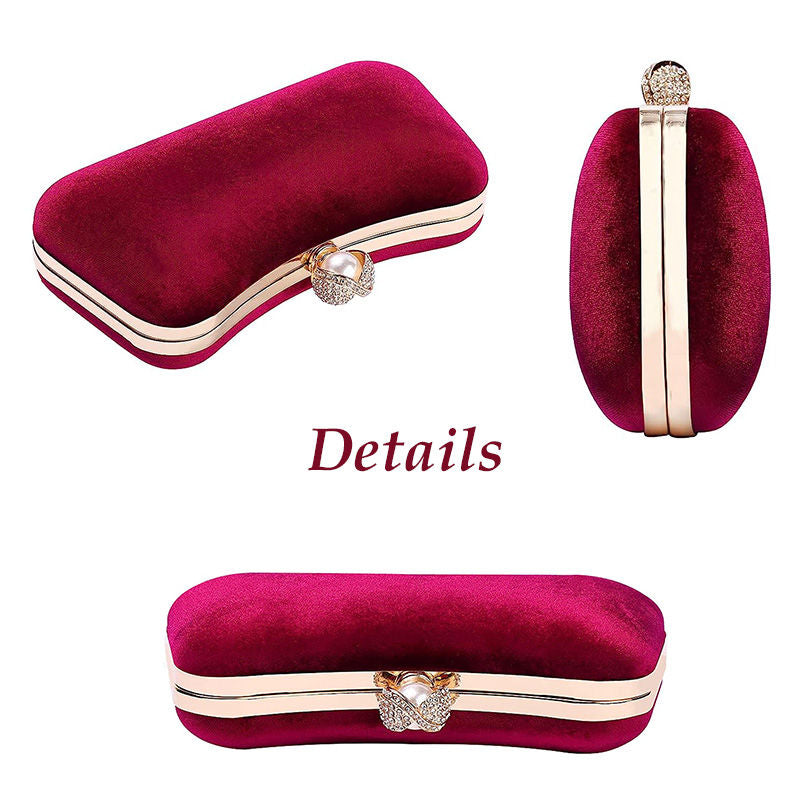Velvet Evening Bags for Women With Flower Rhinestone Pearl for Party Wedding-WineRed