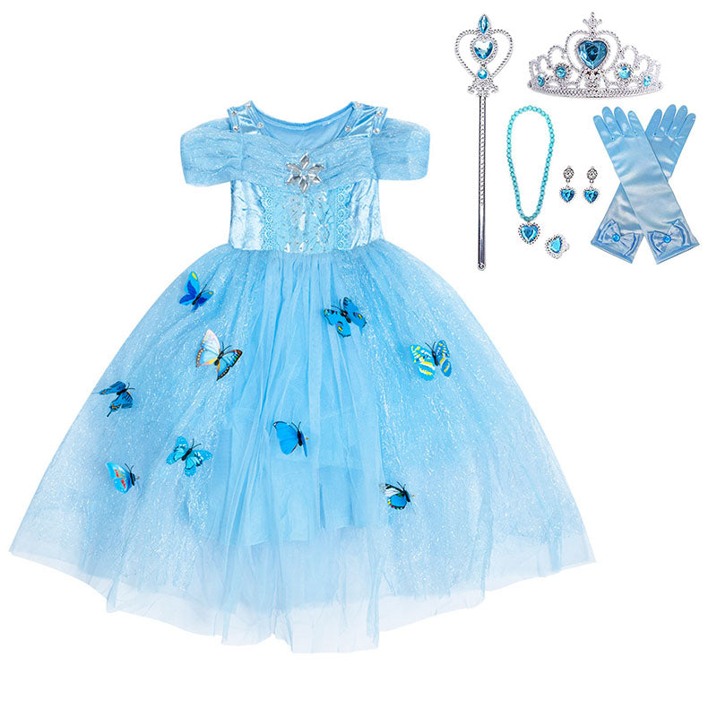 Girls Princess Dress with Accessories Butterflies Tulle Party Gown-Blue