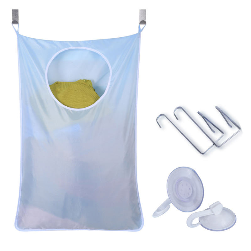 Hanging Laundry Hamper Bag with Free Adjustable Stainless Steel and Suction Cup Hooks - Blue