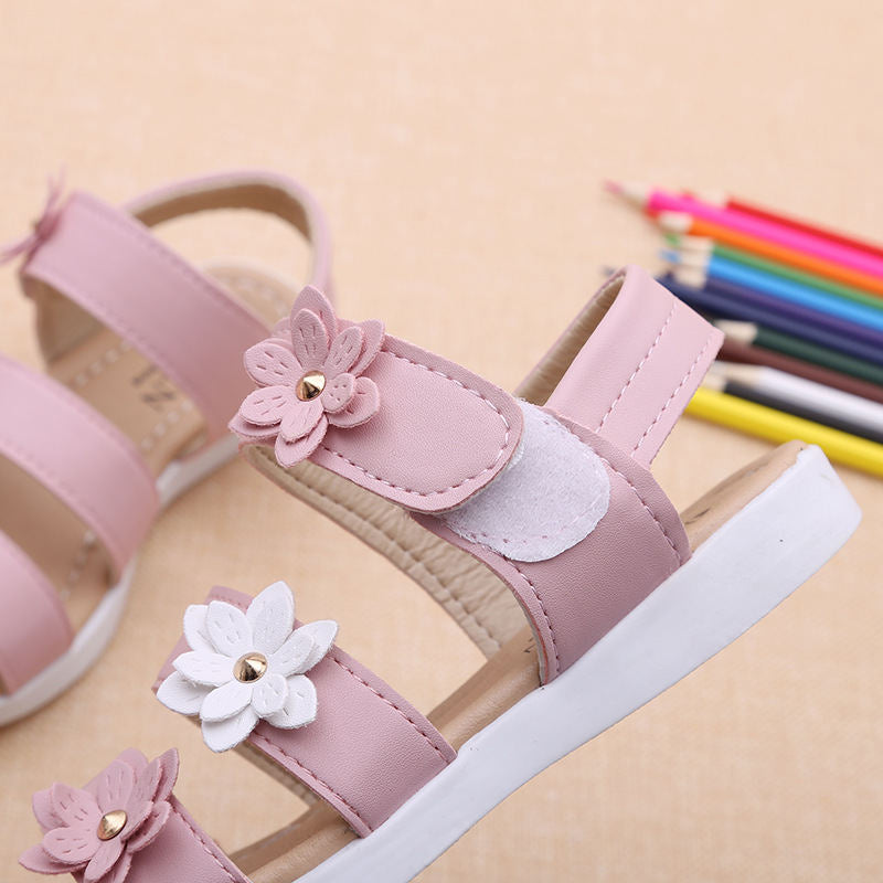Girls Fashion Flower Sandals Flat Open Toe Shoes for Summer-Pink