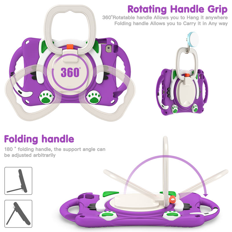 CatB Silicone Case For iPad Mini 5 4 3 2 1 Shockproof Shoulder Strap Handle Stand-Purple