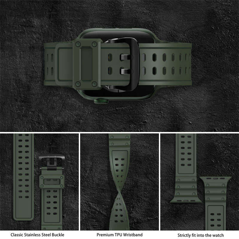 Shockproof Silicone WatchBand Double Breasted Straps for iWatch-DarkGreen