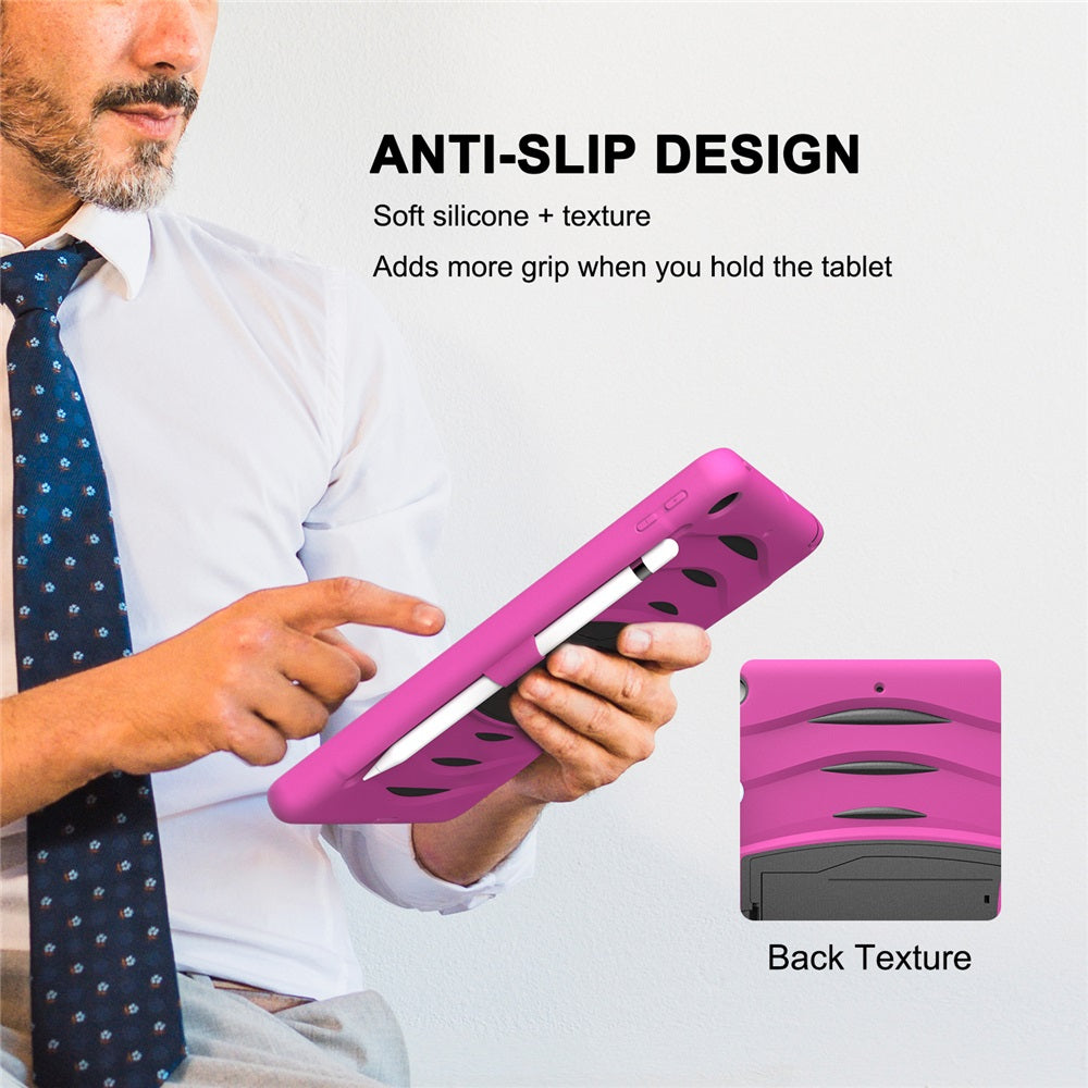 Shock Wave Kickstand Case Anti-Fall Protection With Pencil Holder+Cap For New iPad 7 10.2inch(2019)-Rose Red