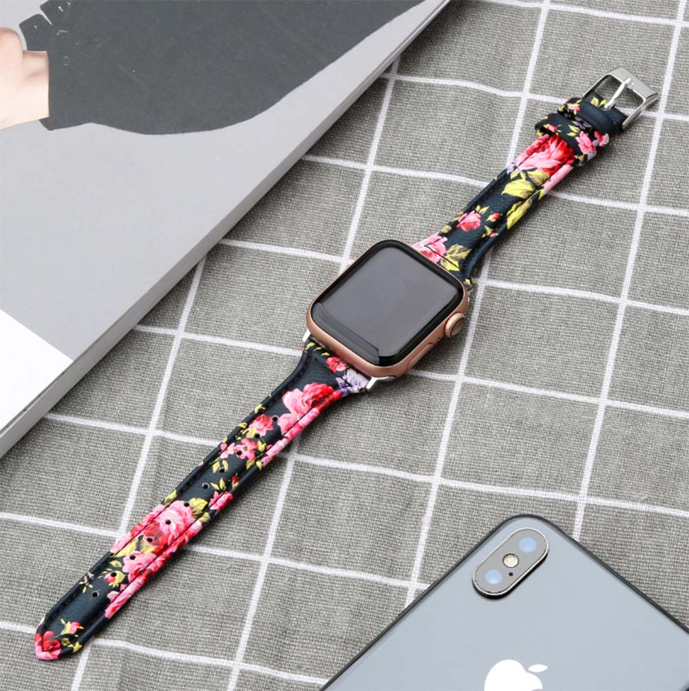 Slim Flower Printed Leather Watch Band For Apple Watch SE/6/5/4/3/2/1(Pink Flower)