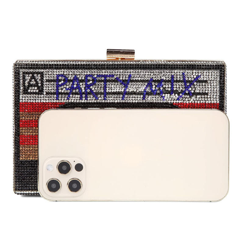 Women Retro Radio Shape Crossbody Bag Rhinestone Metal Vintage Clutch Purses-Red