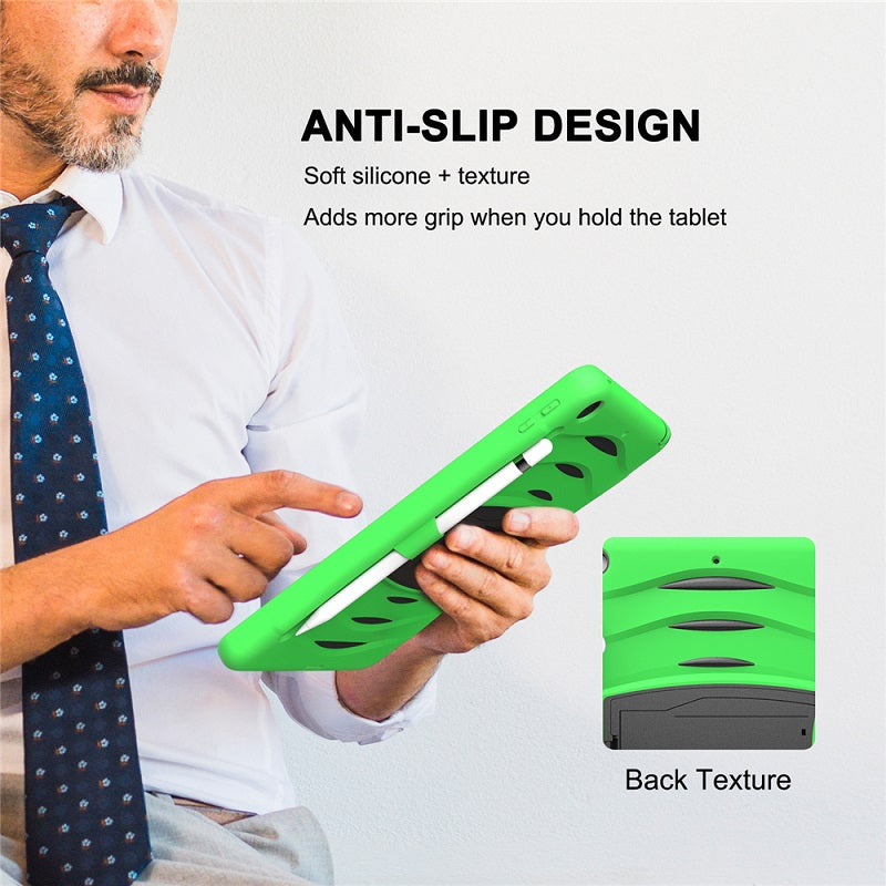 Shock Wave Kickstand Case Anti-Fall Protection With Pencil Holder+Cap For New iPad 7 10.2inch(2019)-Green