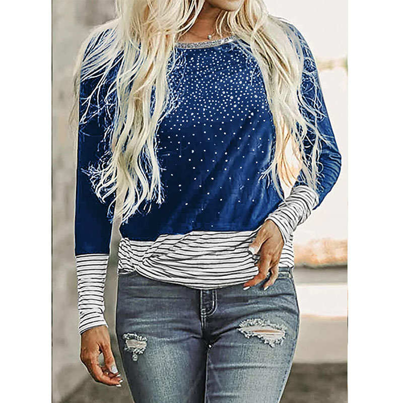 Womens Fashion Printed Color Block Long Sleeve Top-DarkBlue