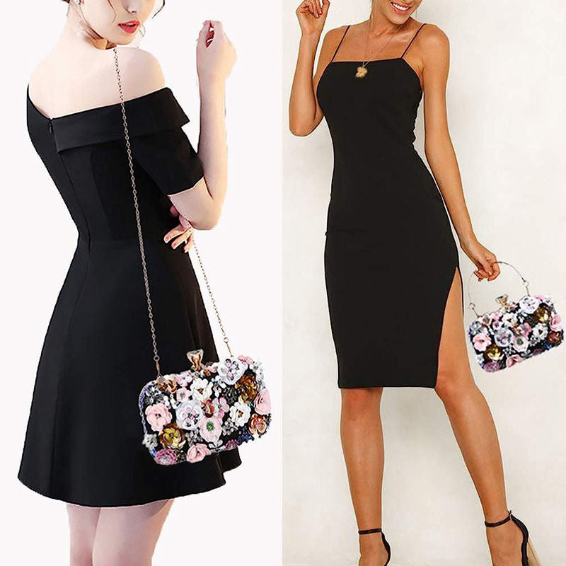 Colorful Floral Clutch Evening Bags for Women Beaded Purse Prom Handbag-Black