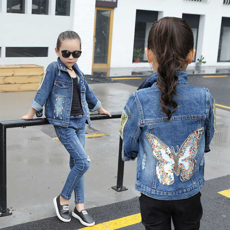 3-9T Little Girls Embroidered Denim Jacket Button Down Long Sleeve Denim Coat-Butterfly
