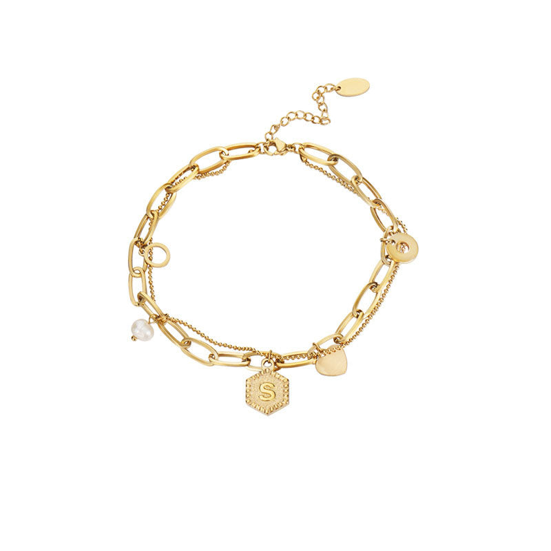 Gold Initial Bracelets for Women Letters Hexagon Pendant Chain-S