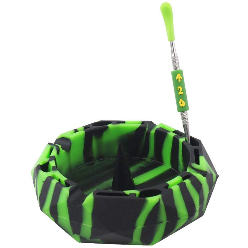 Geometric Silicone Ashtray Eco-Friendly Portable Unbreakable Tabletop Tray for Cigarettes Cigar -Black+Green