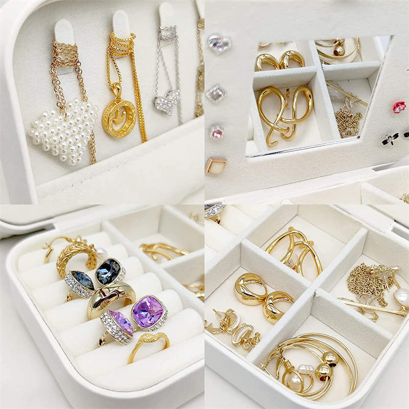 Small Jewelry Box Necklace Ring Double Layer Storage Bag Travel Organizer with Mirror -Black