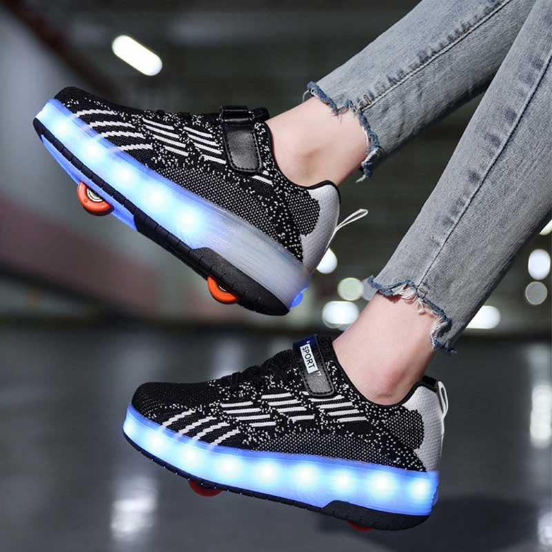 Kids LED Rechargeable Roller Skate Shoes with Double Wheel-Black