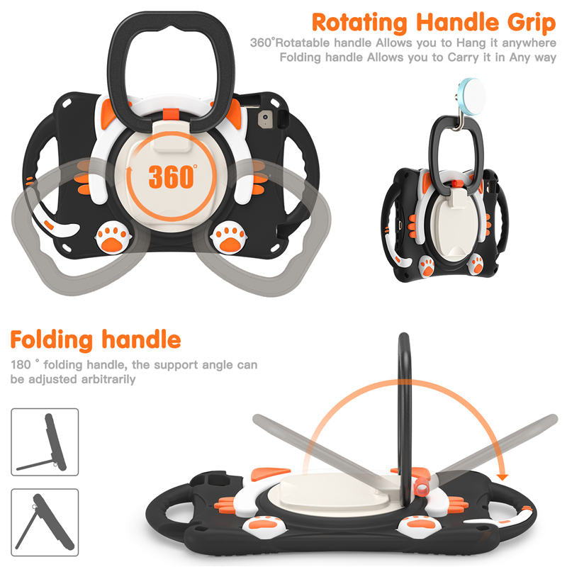 CatB Silicone Case For iPad Mini 5 4 3 2 1 Shockproof Shoulder Strap Handle Stand-Black Orange