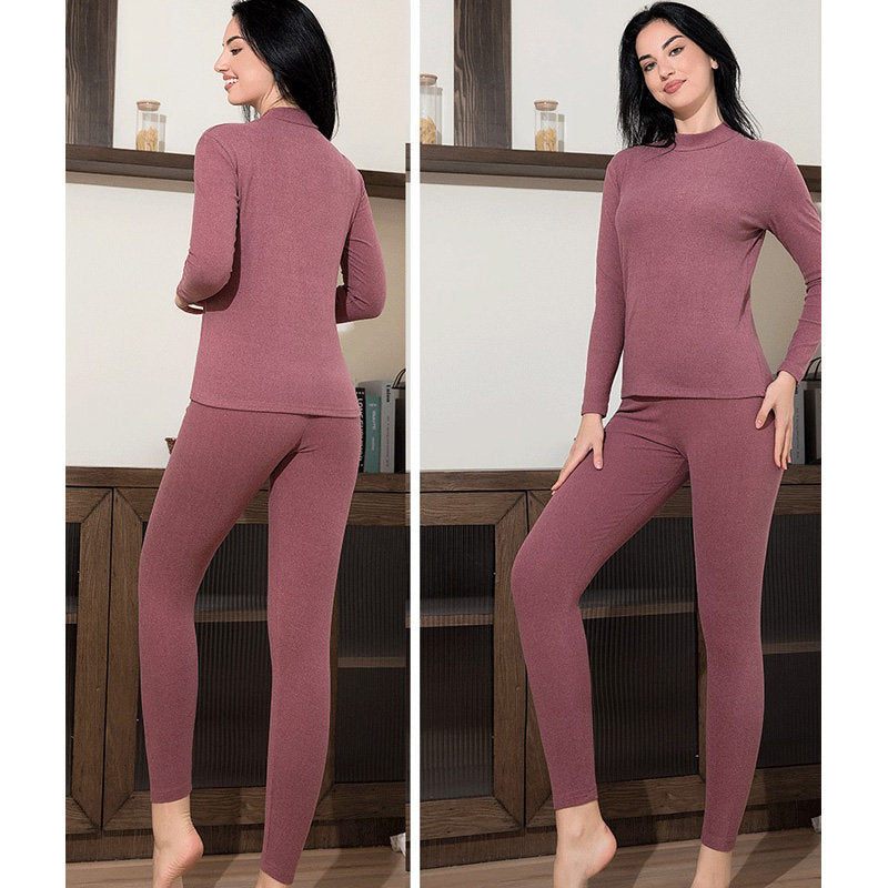 Womens Soft Thermal Underwear Set Plush Lined Half Turtleneck-Bean Paste