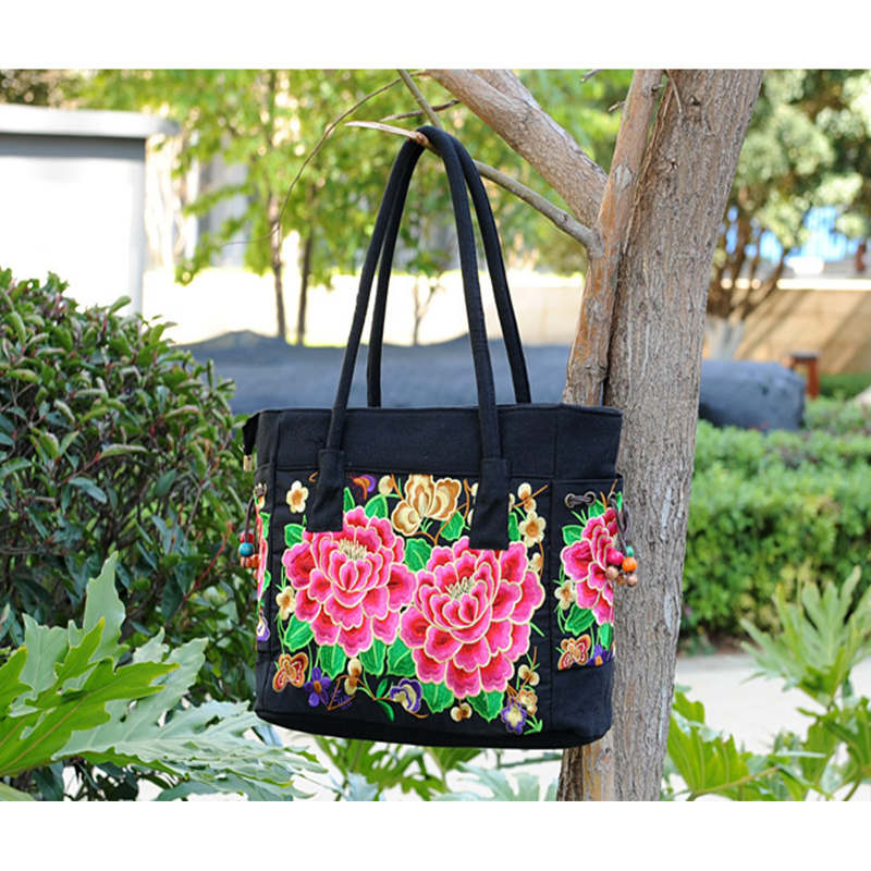 Embroidered Canvas Top Handle Handbag Ladies Casual Vintage Shoulder Bag-RedPeony