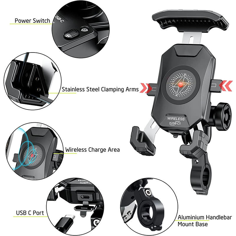 Anti-Theft Motorcycle Wireless Phone Mount Charger Works with 12V/24V Vehicle-Handlebar