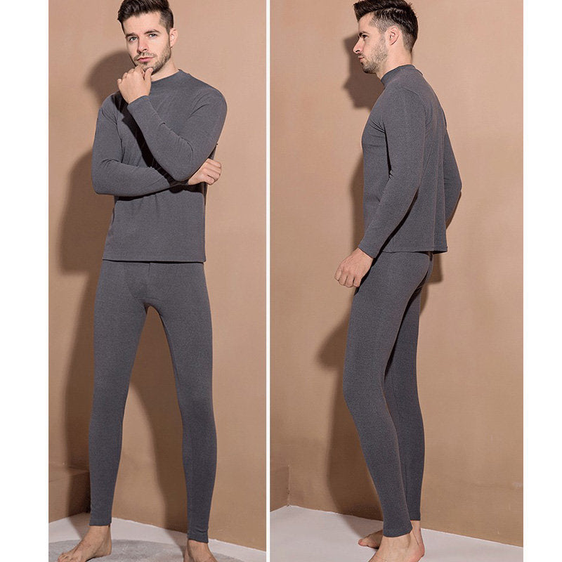 Mens Soft Thermal Underwear Set Plush Lined Half Turtleneck-Gray