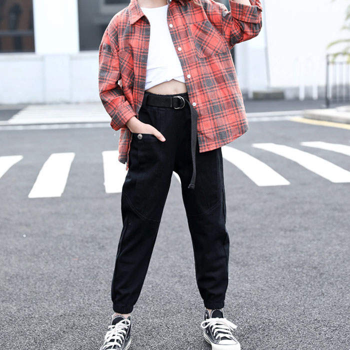 Girls Joggers Long Pants Pockets Outdoor Casual Trousers Buttons-Black