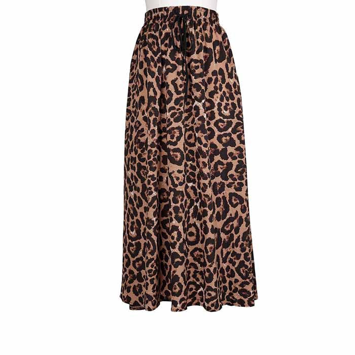Women's Gold Velvet Fashion Leopard Printing Maxi Skirt High Elastic Shirring Waisted Dress-Khaki