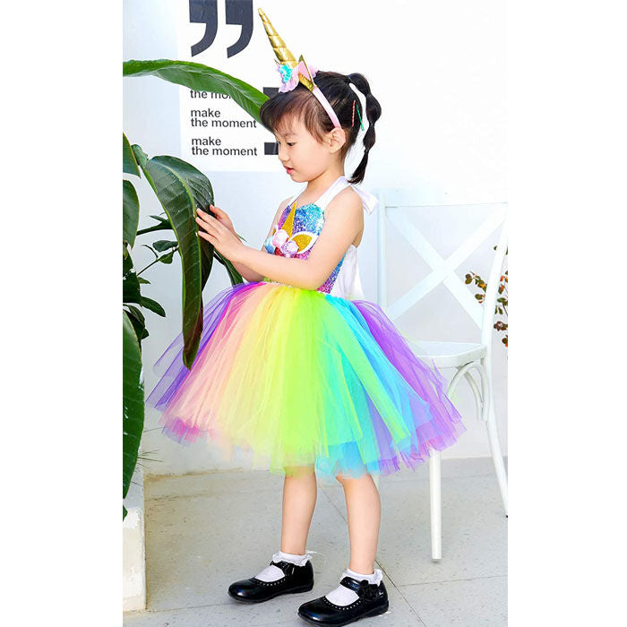 Sequin Unicorn Dress for Girls with Gold Headband Birthday Easter Gifts Dance Dresses-Rainbow