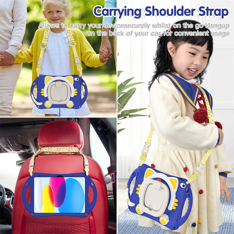 Cat Tablet Case For iPad 10th Kids Friendly with Handle Stand-DarkBlue