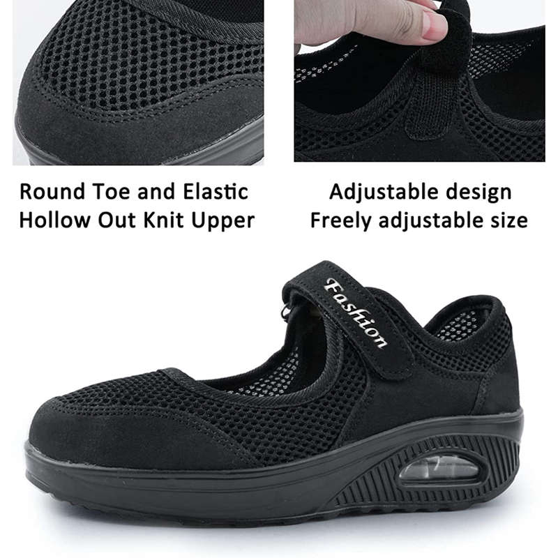 Women Casual Air Cushion Sneakers Velcro Mary Jane Shoes-Black