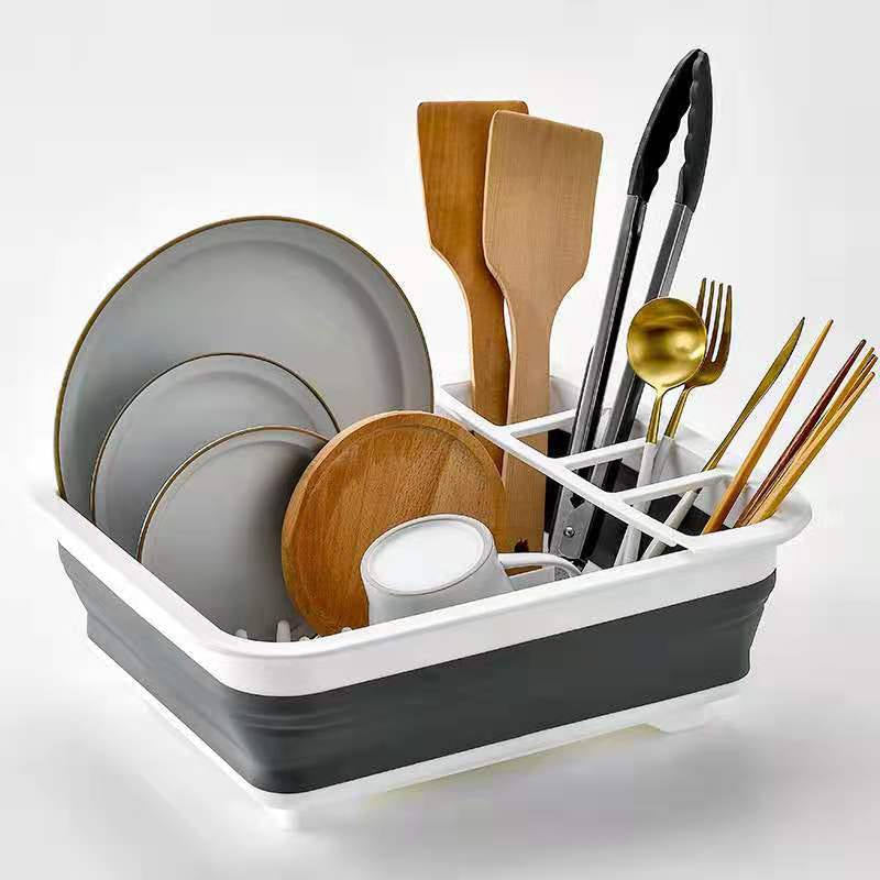 Collapsible Dish Drainer with Drainer Board Space Saving Kitchen Storage Tray -Gray