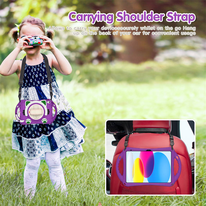 Cat Tablet Case For iPad 10th Rugged with Shoulder Strap-Purple