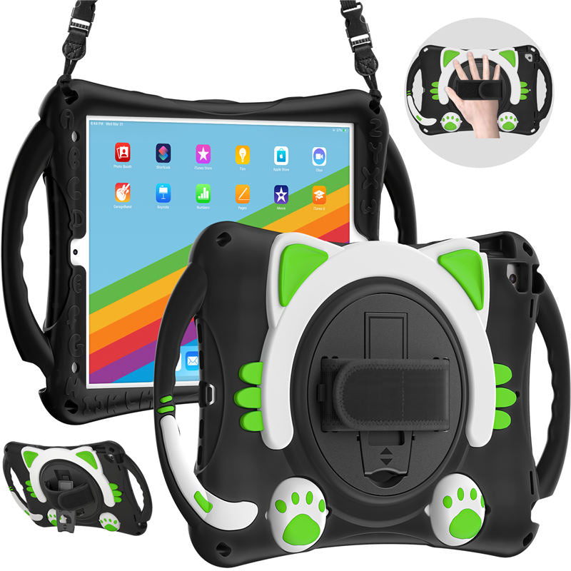 CatA iPad Silicone Case For iPad 10.2 Air10.5 Pro10.5 Built-in Handle Stand With a Strap-Black Green