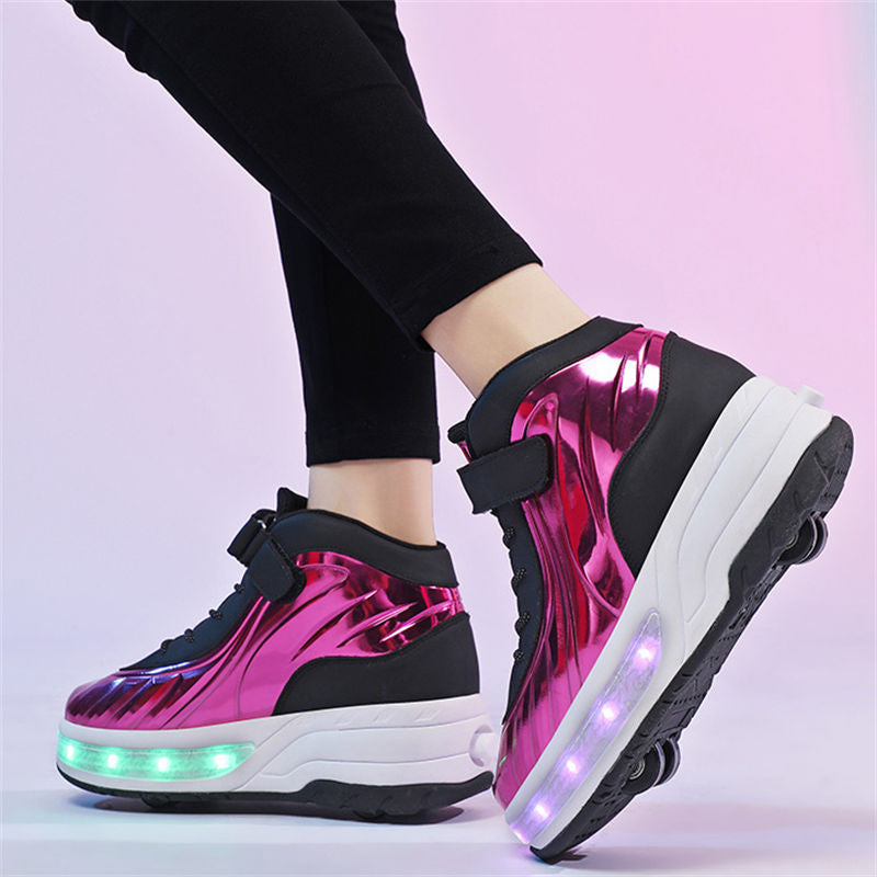 Fashion Kids Sneakers LED Roller Skate Shoes with Four Wheels-Pink