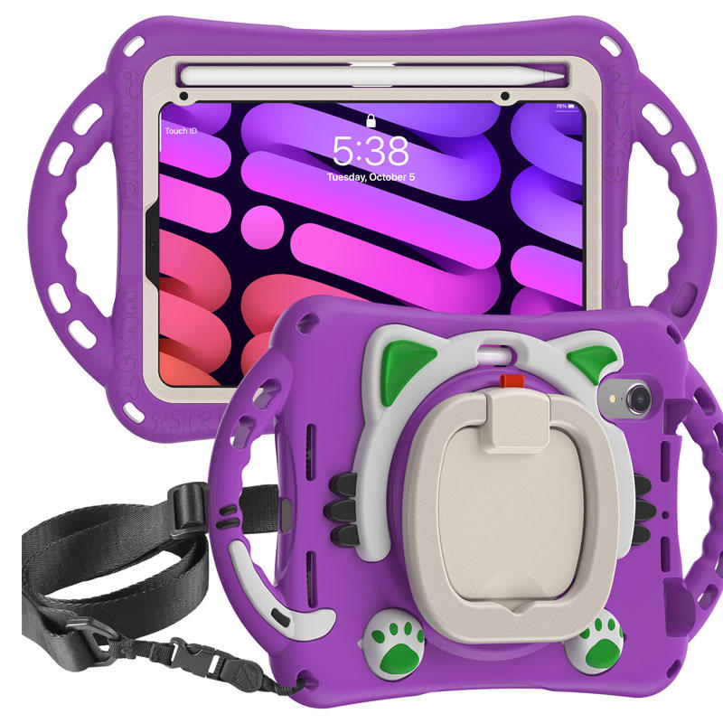 CatB Silicone Case For iPad Mini 6 Shockproof Shoulder Strap Handle Stand-Purple