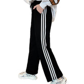 Girls Joggers Long Pants Pockets Outdoor Casual Trousers with Drawstring White Strips-Black