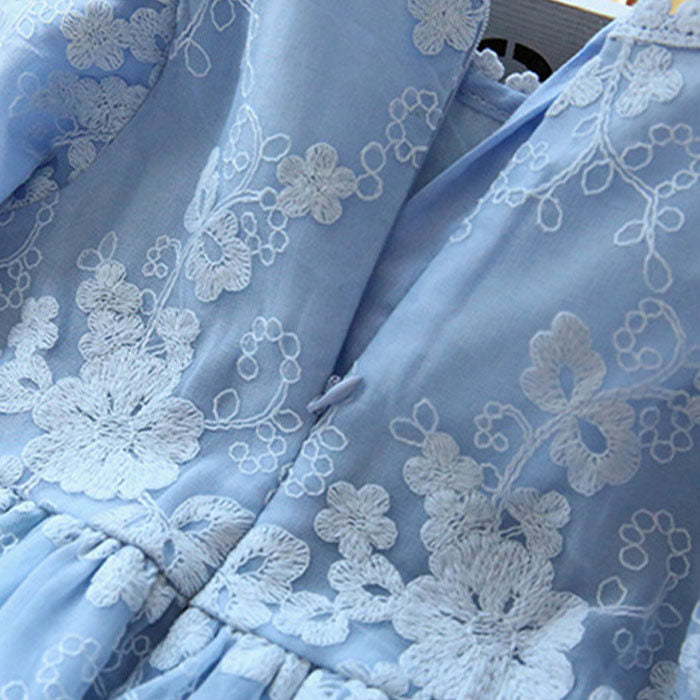 Flower Girls Wedding Dress Lace Short Sleeve Tulle Summer Vintage Dresses-Light Blue